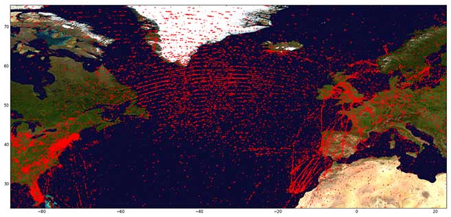 Aircraft Tracked by the CanX-7 ADS-B Payload over the North Atlantic